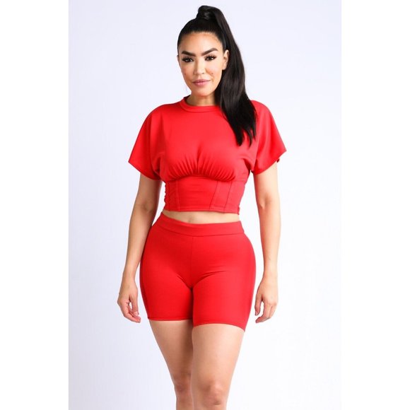 Women's Short Sleeves Corseted Top And Matching Biker Shorts 2 Piece Outfit Set - Picture 9 of 9
